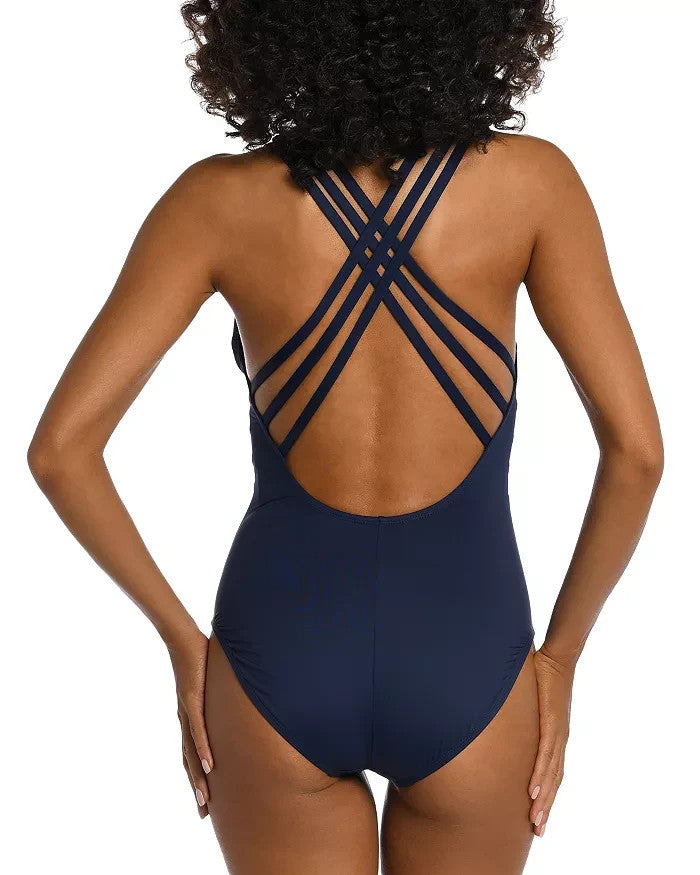 La Blanca Island Goddess Multistrap Cross Back One Piece Swimsuit MSRP $125