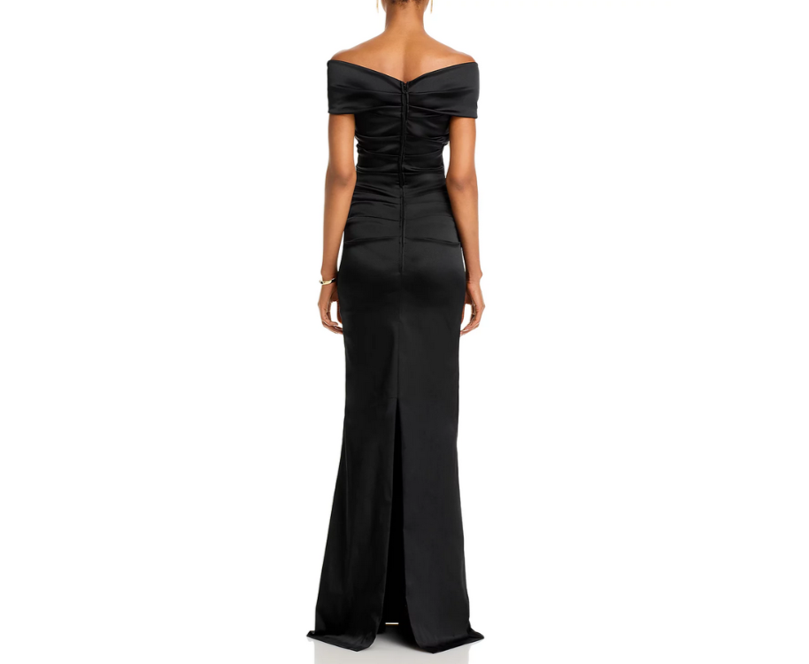 Teri Jon by Rickie Freeman Satin Stretch Off The Shoulder Gown MSRP $760