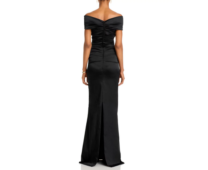 Teri Jon by Rickie Freeman Satin Stretch Off The Shoulder Gown MSRP $760