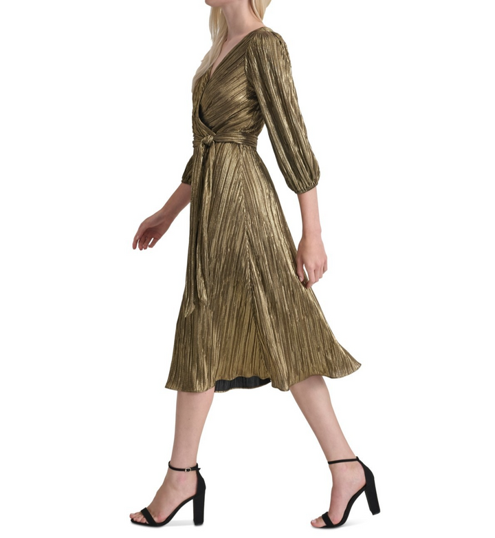 Dkny Women's Faux-Wrap Metallic Balloon-Sleeve Dress MSRP $159