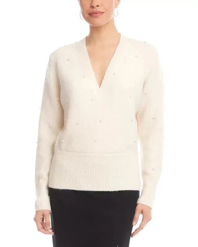 Karen Kane Embellished Faux Wrap V-Neck Sweater MSRP $118