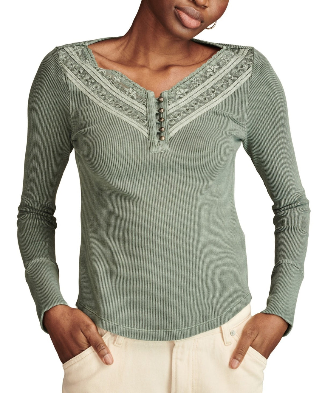 Lucky Brand Embroidered Mesh Henley Top MSRP $59