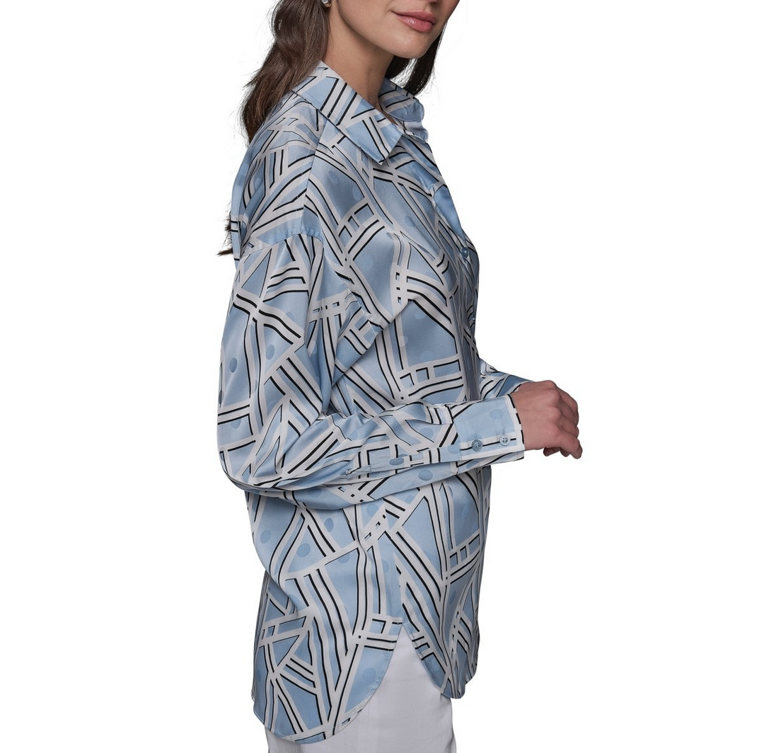 KARL LAGERFELD PARIS Satin Geo-Print Oversized Button-Front Top MSRP $89