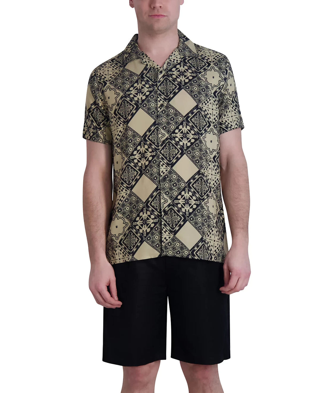 KARL LAGERFELD PARIS Geometric Tile-Print Button-Down Camp Shirt MSRP $119