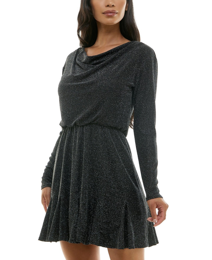 City Studios Juniors' Metallic Draped-Neck Godet-Hem Dress MSRP $59