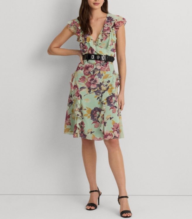Lauren Ralph Lauren Ruffled V-Neck A-Line Dress MSRP $185