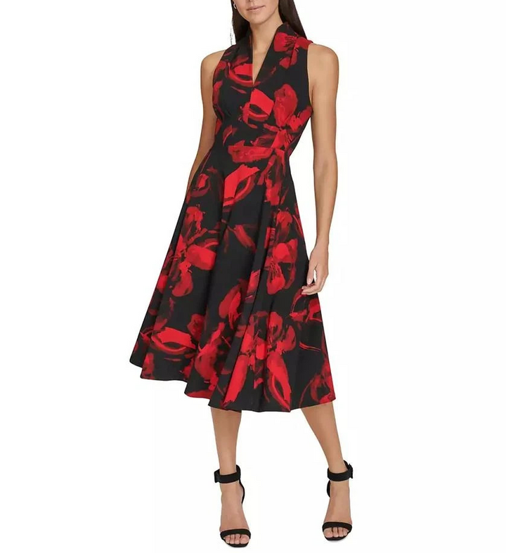 Calvin Klein  Petite Printed V-Neck Sleeveless Dress MSRP $139