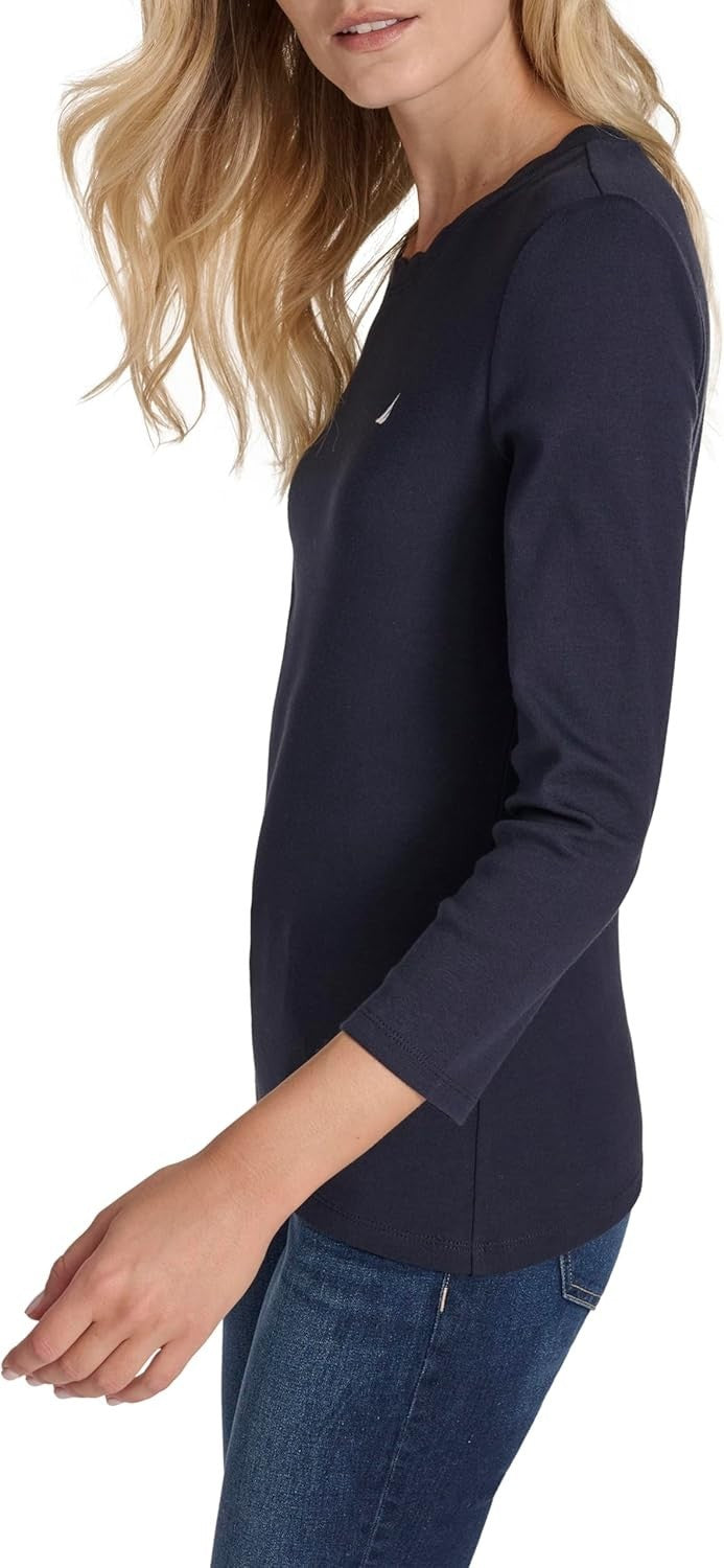Nautica Jeans Women's Blue Cotton Scalloped-Neck 3/4-Sleeve Top MSRP $44.50