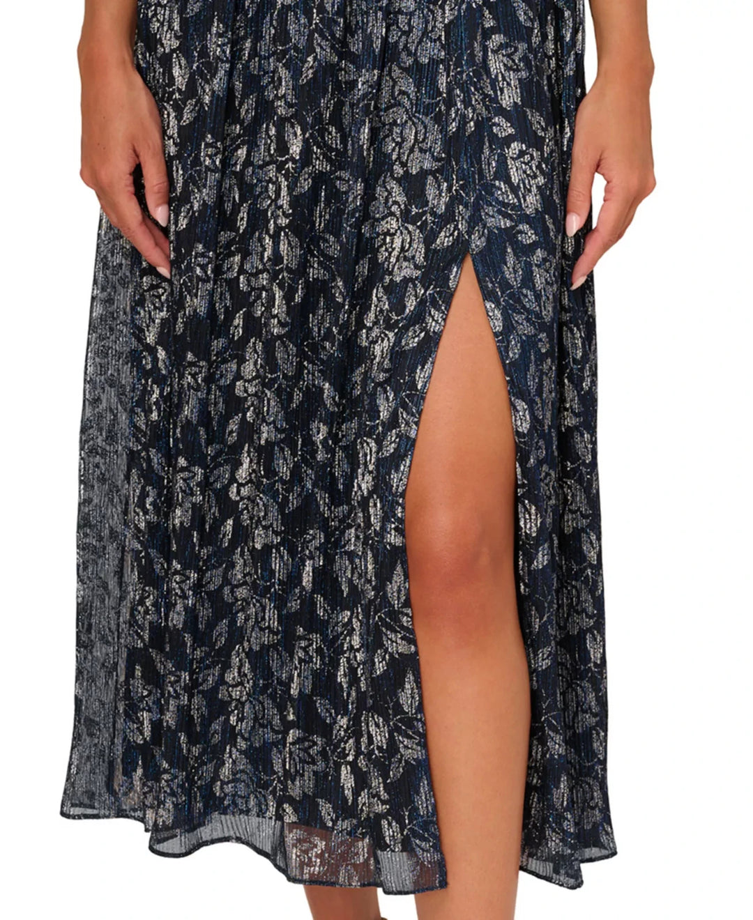 Adrianna Papell Metallic-Print Crinkle Belted Dress MSRP $229