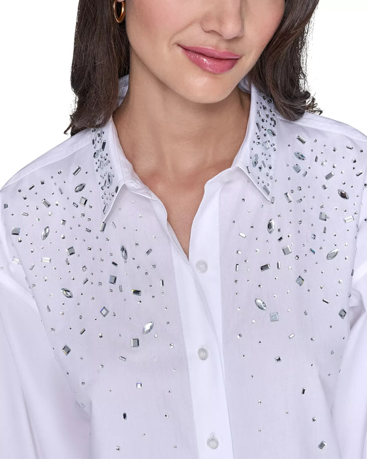 KARL LAGERFELD PARIS Embellished Poplin Blouse MSRP $129