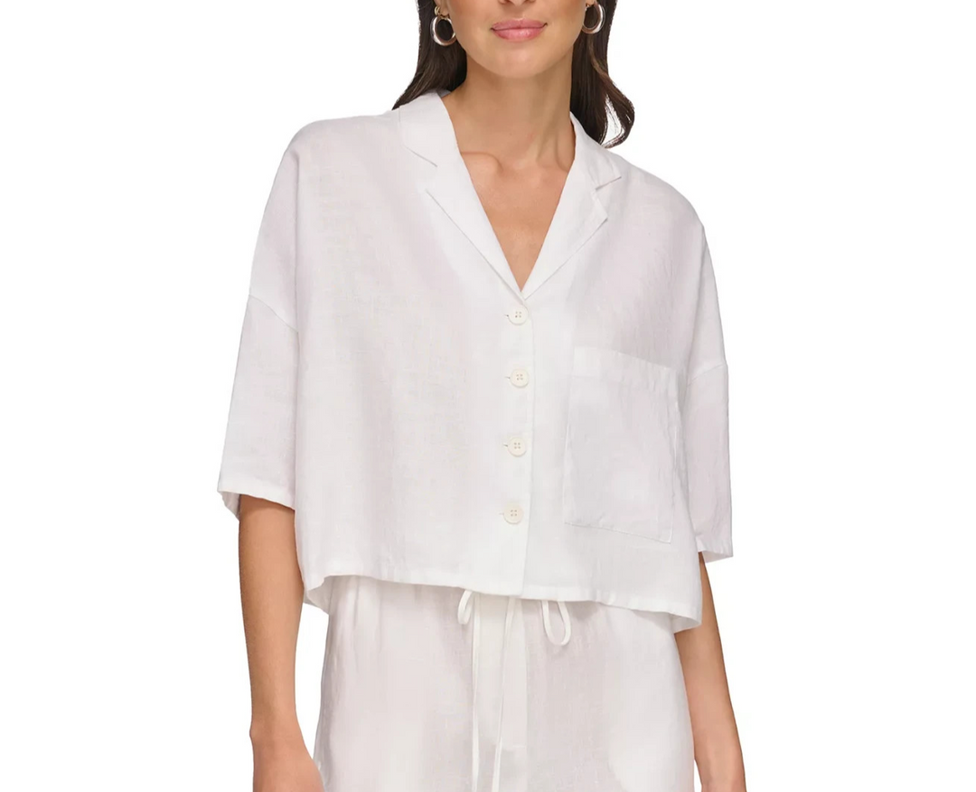 DKNY Women's Button-Front Dolman-Sleeve Linen Top MSRP $89