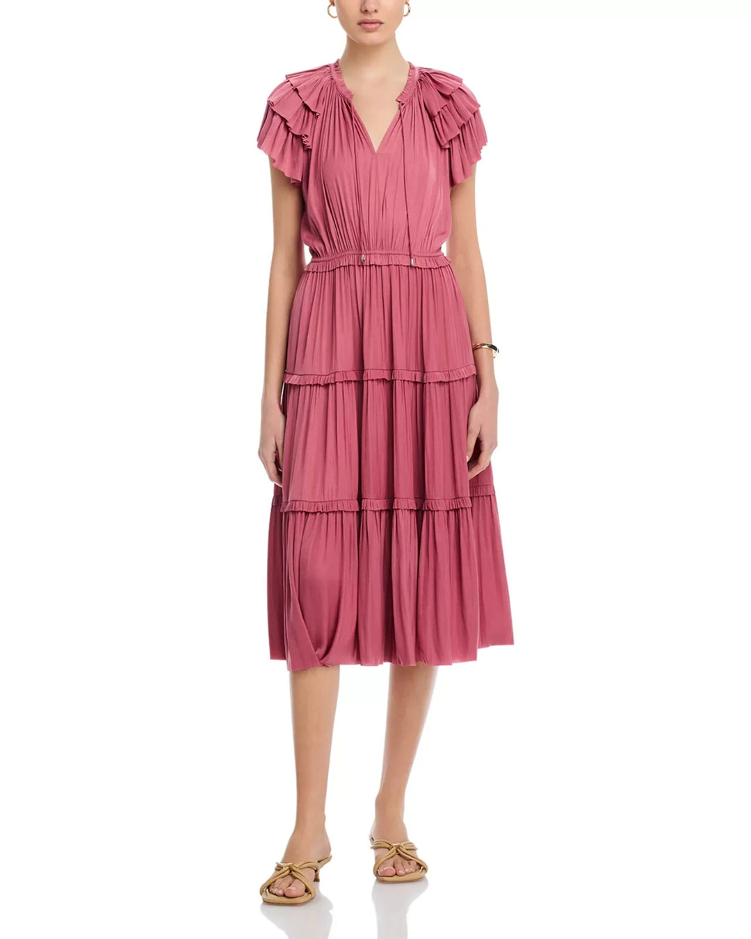 T Tahari Flutter Sleeve Split Neck Flare Airflow Dress MSRP $138
