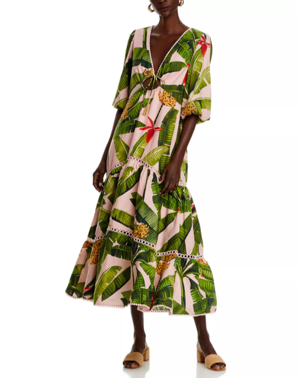 FARM Rio Banana Leaves Pink Tiered Dress MSRP $285