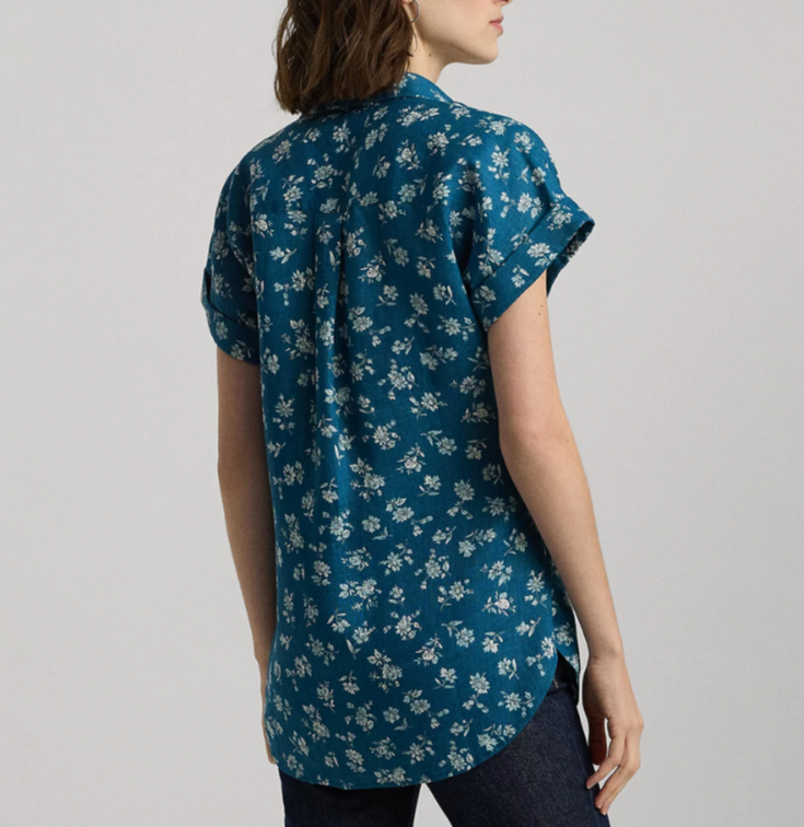 LAUREN Ralph Lauren Linen Cuffed Floral Shirt MSRP $115