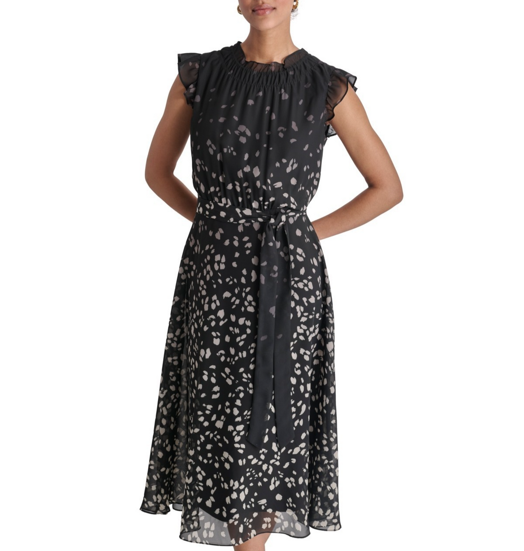 DKNY Women's Printed Ruffled Belted Midi Dress MSRP $ 134