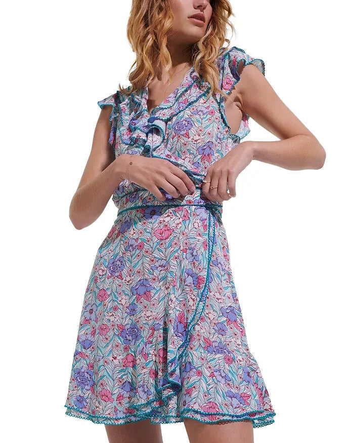 Poupette St. Barth Ruffle V Neck Wrap Mini Dress MSRP $359