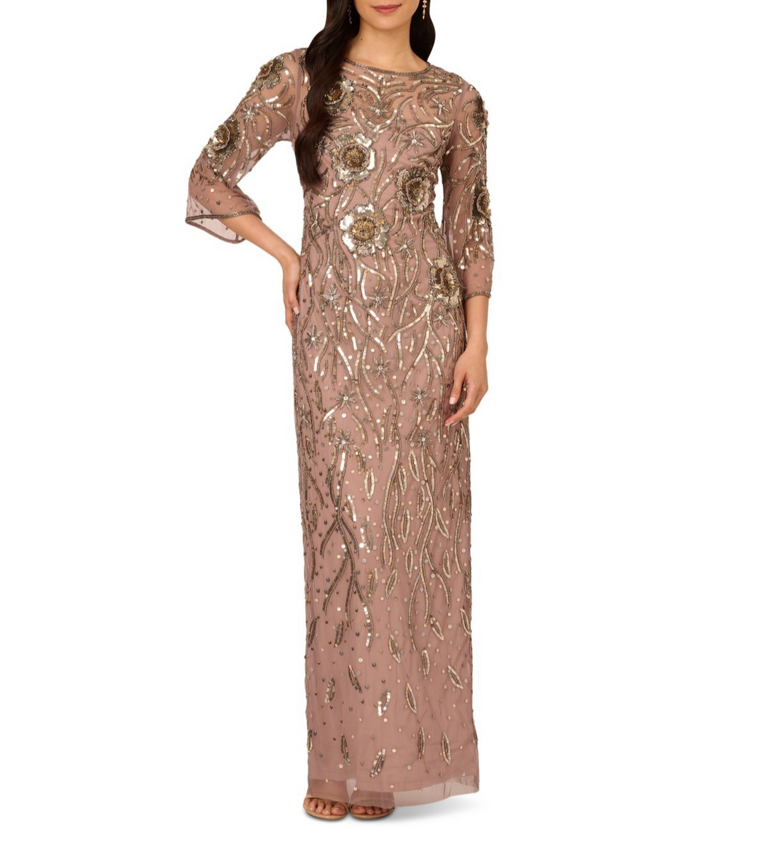 Adrianna Papell Round-Neck Embellished Sheath Gown MSRP $349
