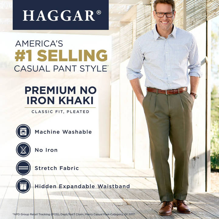 Haggar Men's Premium No Iron Khaki Classic Fit Pleat Waist Pants MSRP $70