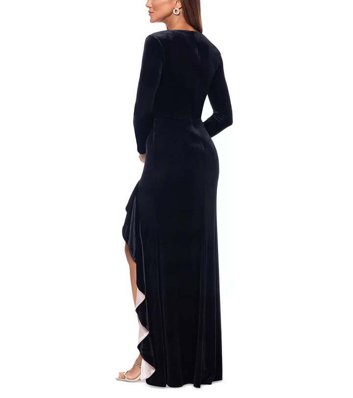 XSCAPE Velvet Ruffled-Slit Evening Gown MSRP $279