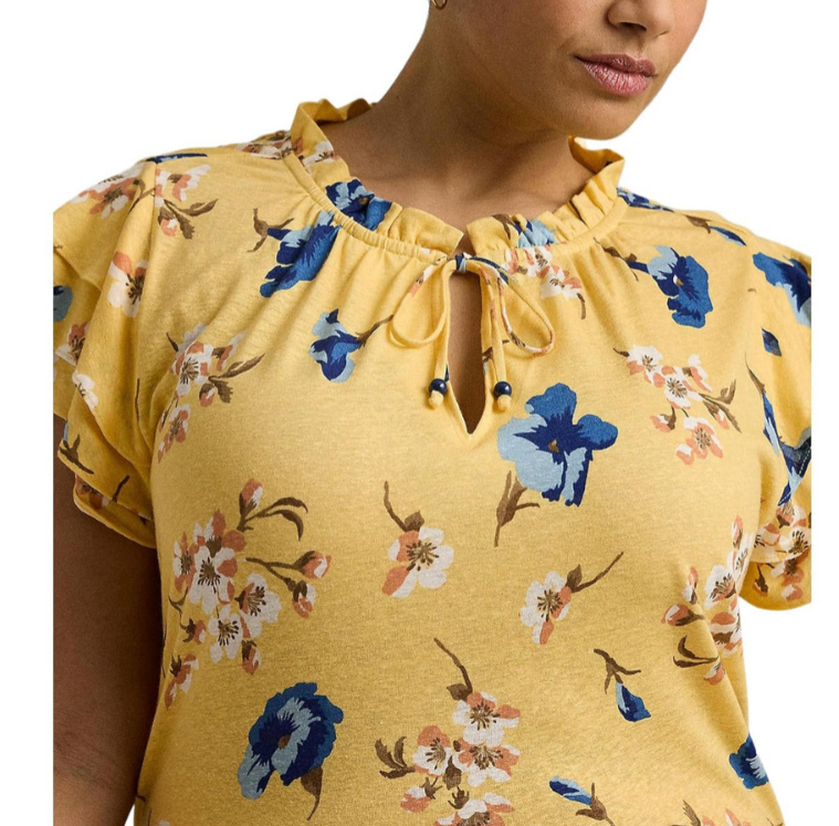 LAUREN RALPH LAUREN Plus Size Floral Linen-Blend Jersey Tie-Neck Top MSRP $115