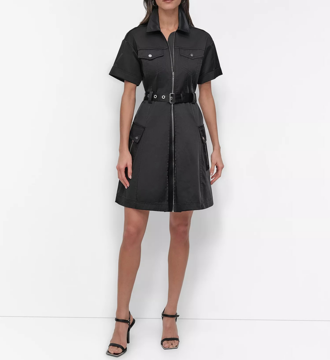 DKNY Women's Zip-Front Belted Short-Sleeve Dress MSRP $149