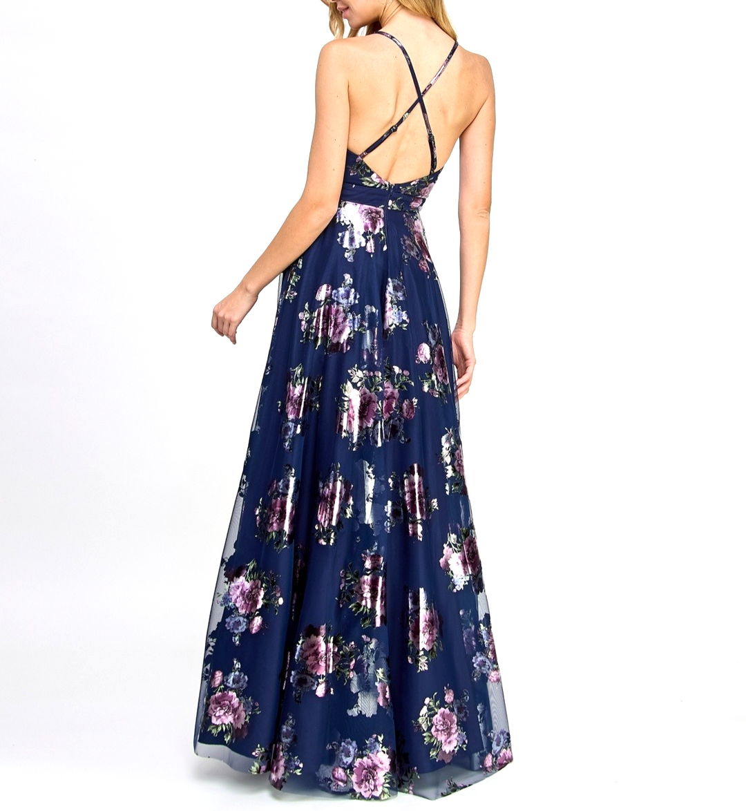City Studios Juniors' Strappy Floral Metallic Mesh Gown MSRP $169