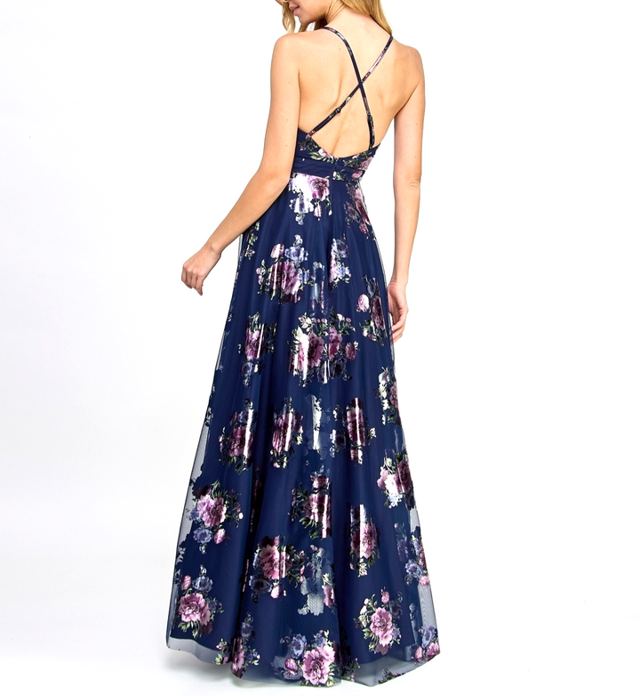 City Studios Juniors' Strappy Floral Metallic Mesh Gown MSRP $169
