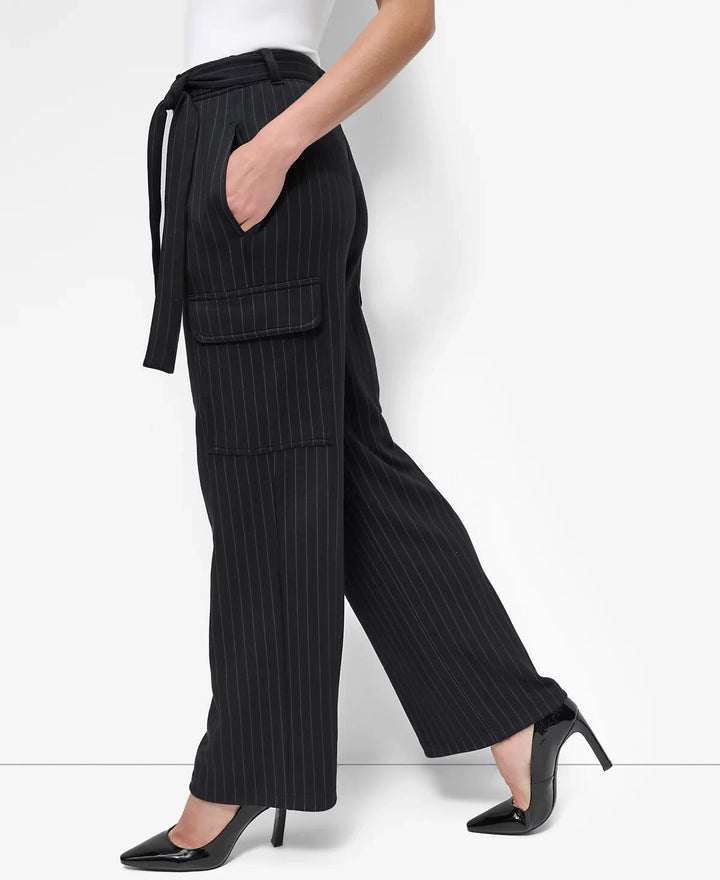 DKNY Pinstripe Tie-Waist Wide-Leg Cargo Pants MSRP $99