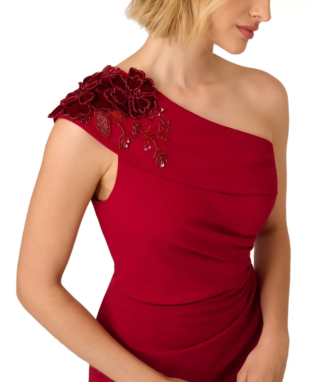 Adrianna Papell Petite Beaded-Shoulder Ruched-Side Dress MSRP $249