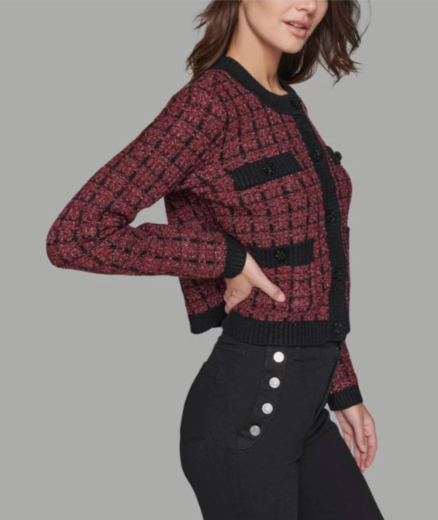 KARL LAGERFELD PARIS Button Front Shine Tweed Cardigan