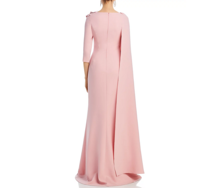 Teri Jon by Rickie Freeman Floral Applique Asymmetric Cape Gown MSRP $870