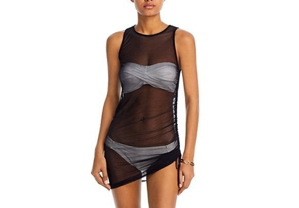 Aqua Swim Mesh Drawstring Mini Dress Swim Cover-up MSRP $88
