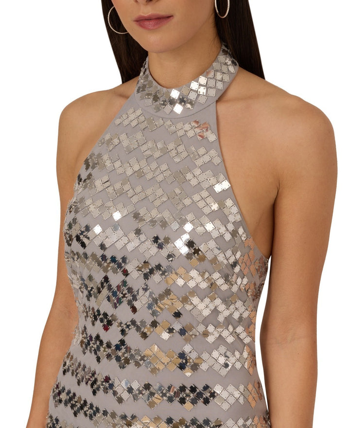 Adrianna Papell Women's Silver Beaded Halter Swing Dress MSRP $295