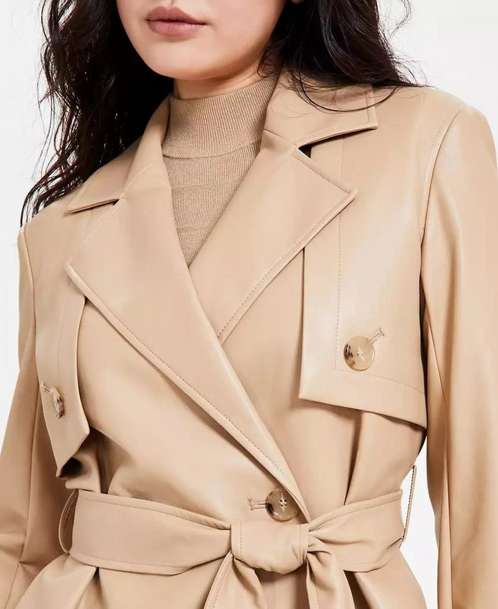 Anne Klein Women's Faux-Leather Belted Short Trench Jacket MSRP $199