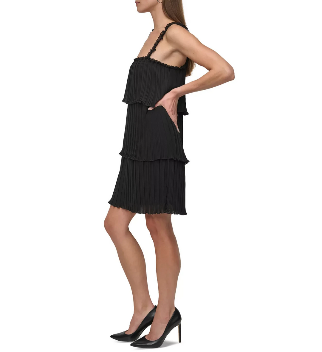 DKNY Women's Pleated Tiered Chiffon A-Line Sleeveless Dress MSRP $139