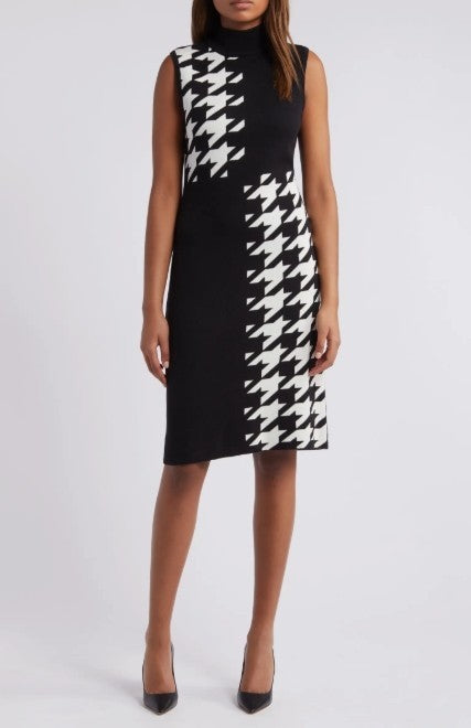 Anne Klein Women's Houndstooth Mock Neck Sleeveless Dress MSRP $129