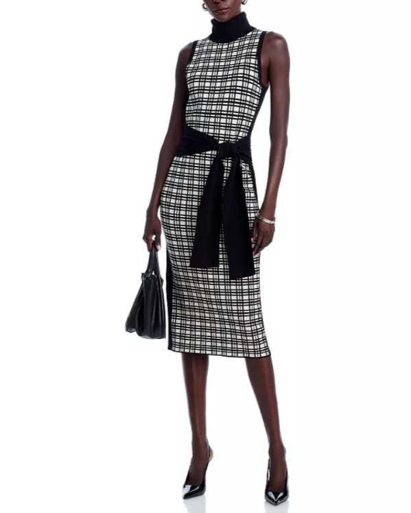 TOCCIN Peggy Sleeveless Turtleneck Tie Front Windowpane Dress MSRP $395