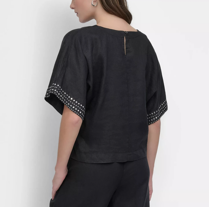 DKNY Women's Cropped Short-Sleeve Studded Linen Top MSRP $89