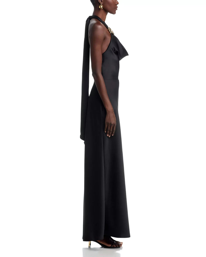 AQUA Long Satin Draped Halter Dress MSRP $298