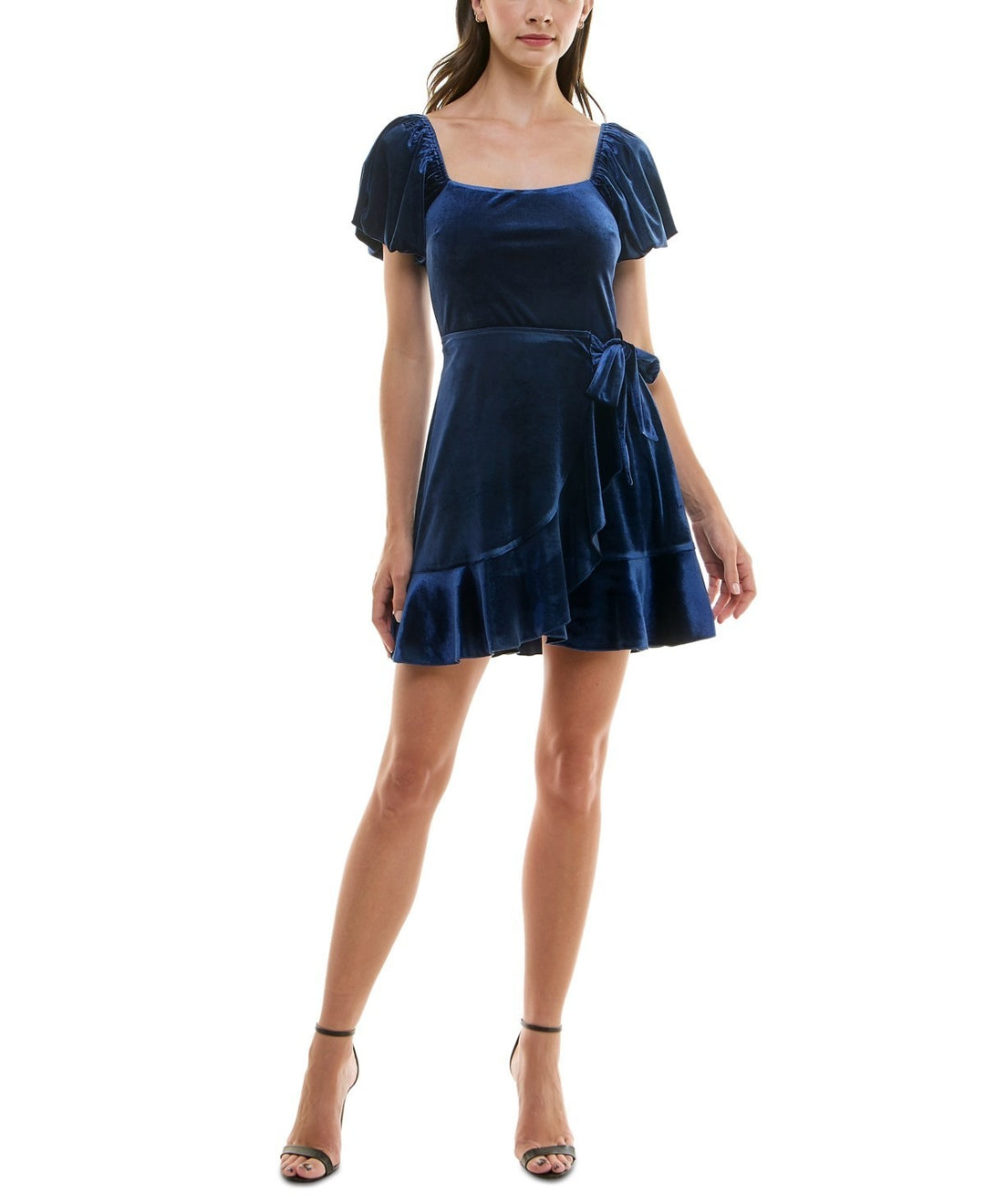 Trixxi Juniors' Puff-Sleeve Faux-Wrap Velvet Dress MSRP $ 49