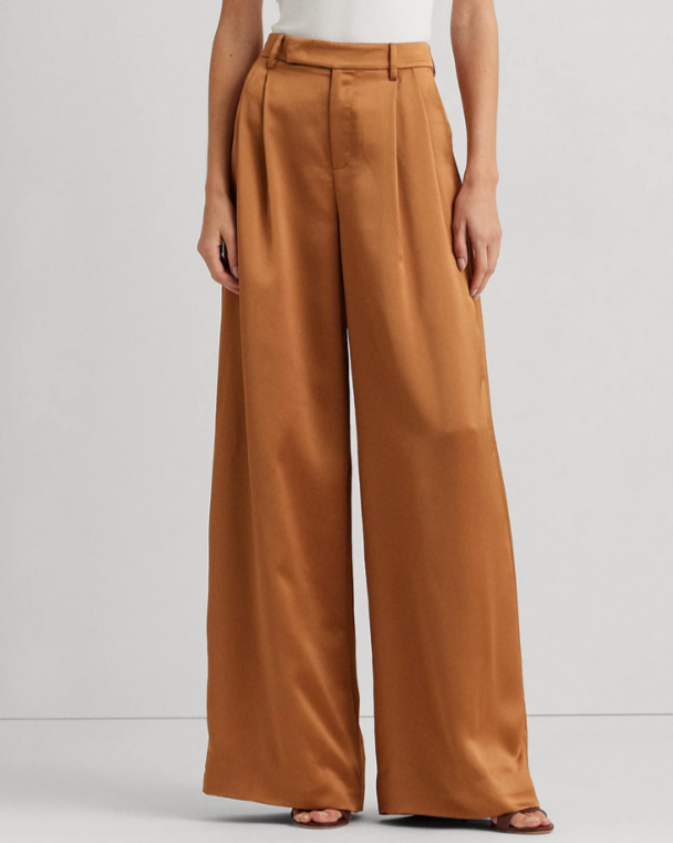 Lauren Ralph Lauren Pleated Satin Charmeuse Wide-Leg Pants MSRP $225