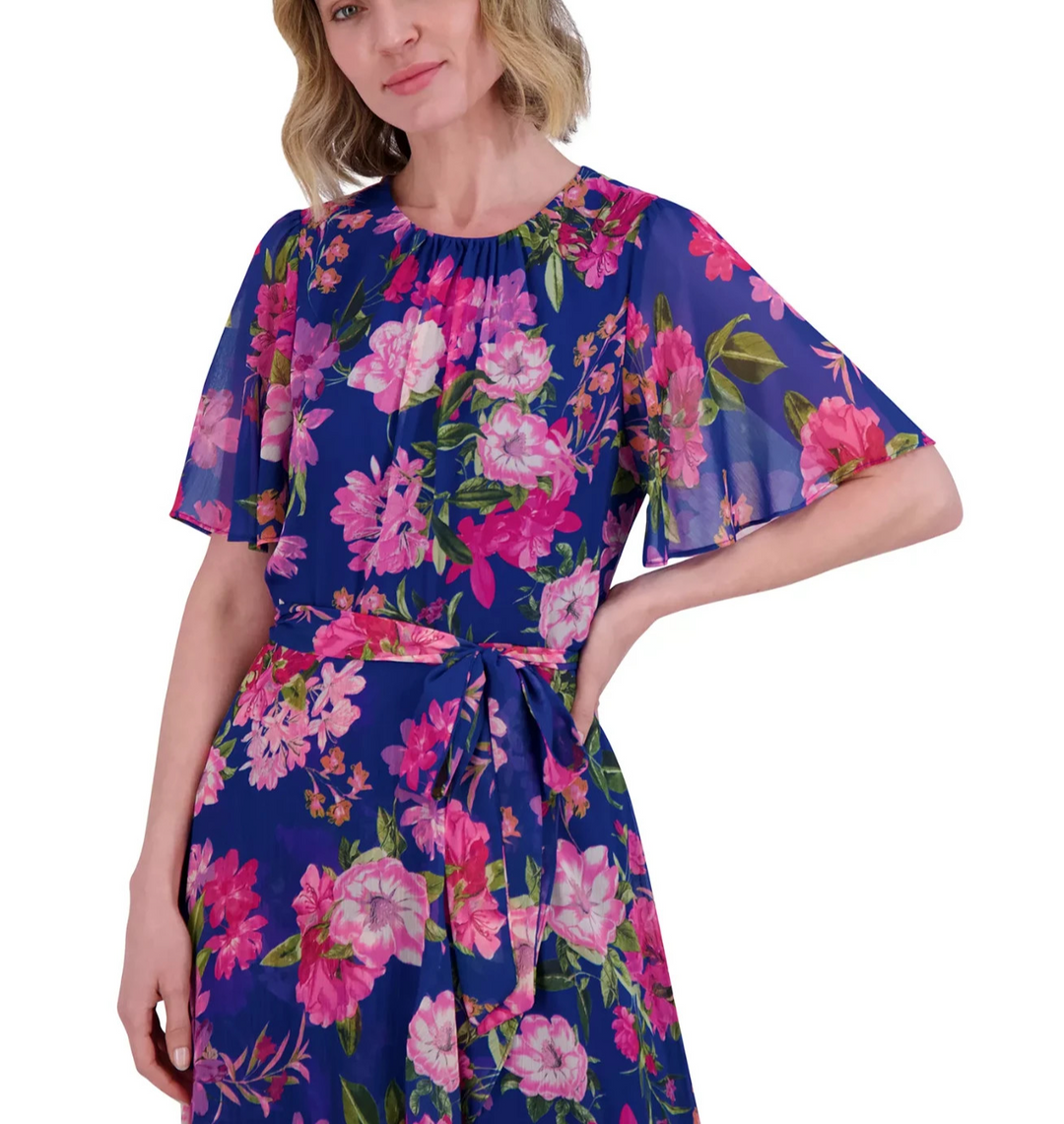 Jessica Howard Women's Floral-Print Belted Flutter-Sleeve Dress MSRP $139