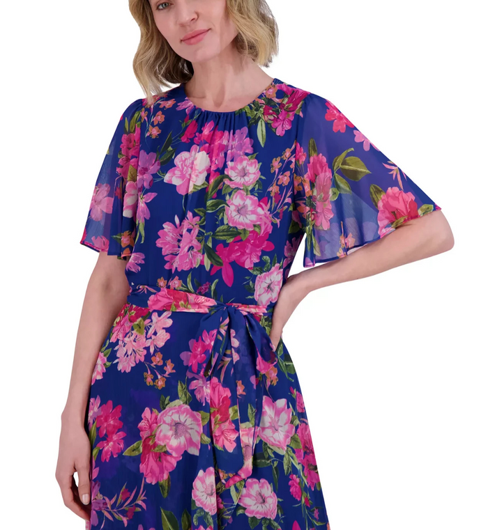 Jessica Howard Women's Floral-Print Belted Flutter-Sleeve Dress MSRP $139