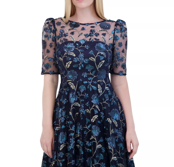 Eliza J Women's Floral Sequin Puff-Sleeve Fit & Flare Dress MSRP $298