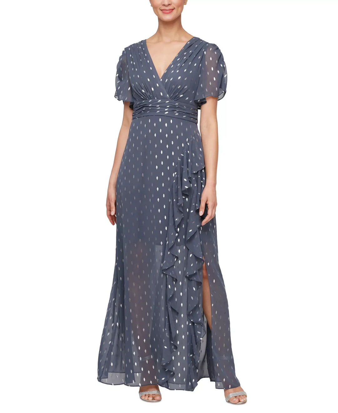SL Fashions Foil-Print V-Neck Ruffle-Trim A-Line Dress MSRP $149