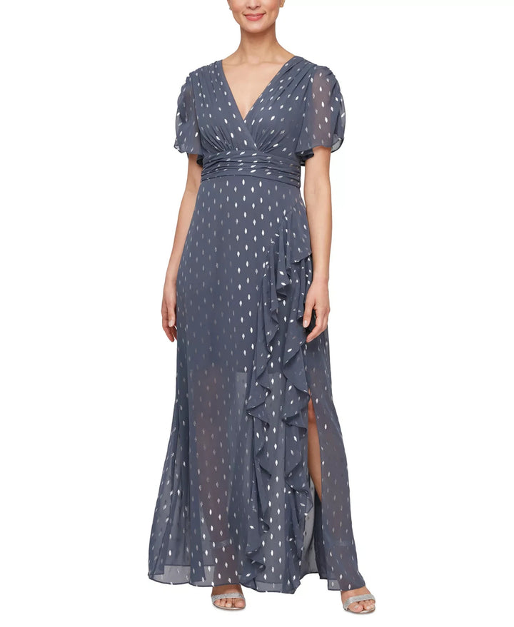 SL Fashions Foil-Print V-Neck Ruffle-Trim A-Line Dress MSRP $149