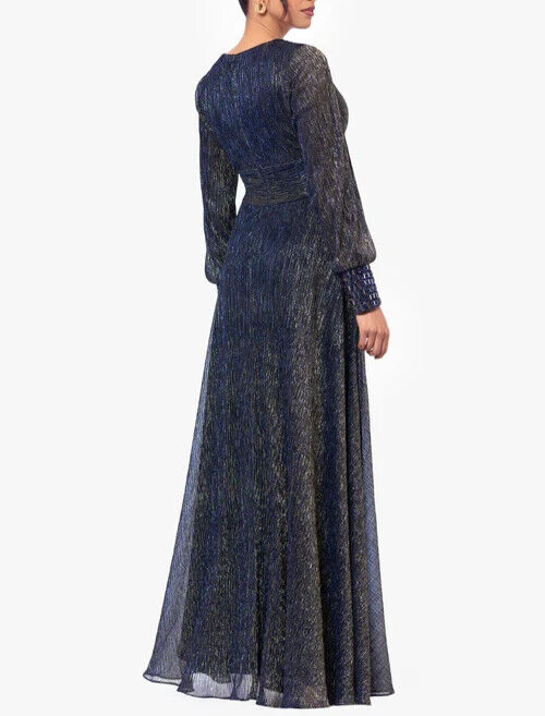 Betsy Adam "Clarise" Long Sleeve Galaxy Pleated Foil Gown MSRP $310 Size 14
