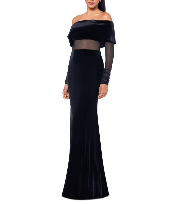 Betsy & Adam Velvet and Mesh Off-The-Shoulder Gown MSRP $279