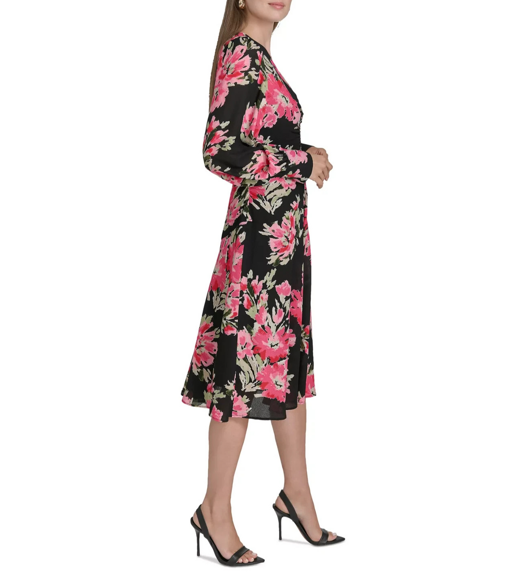 Halston Women's Floral-Print Ruched Fit & Flare Dress MSRP $139