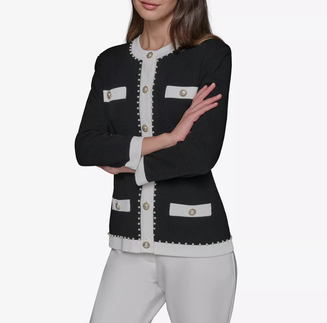 KARL LAGERFELD PARIS Faux-Pearl-Trim Cardigan MSRP $149